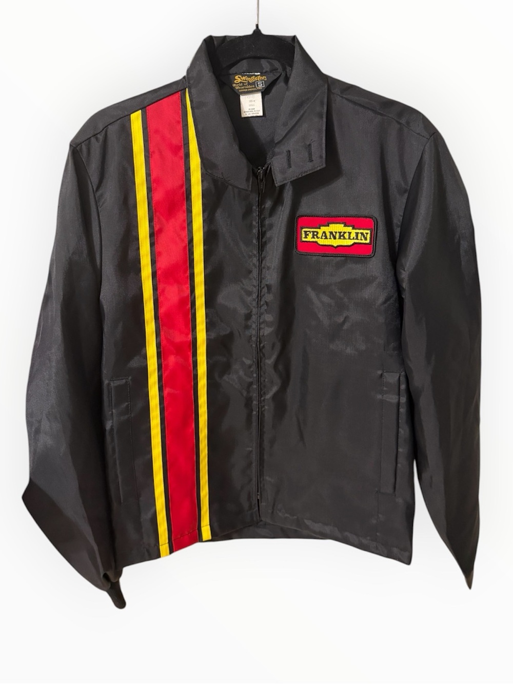 Vintage 1970s/1980s Swingster "Franklin" Black Nylon Racing Windbreaker Jacket